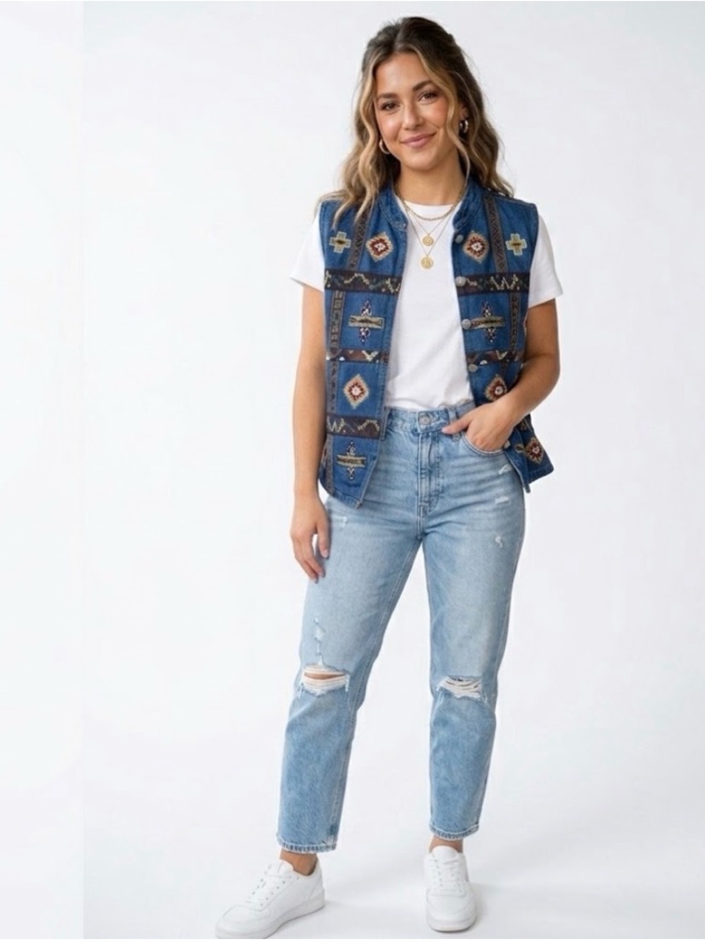 VINTAGE Women's Denim Vest with Tribal Pattern